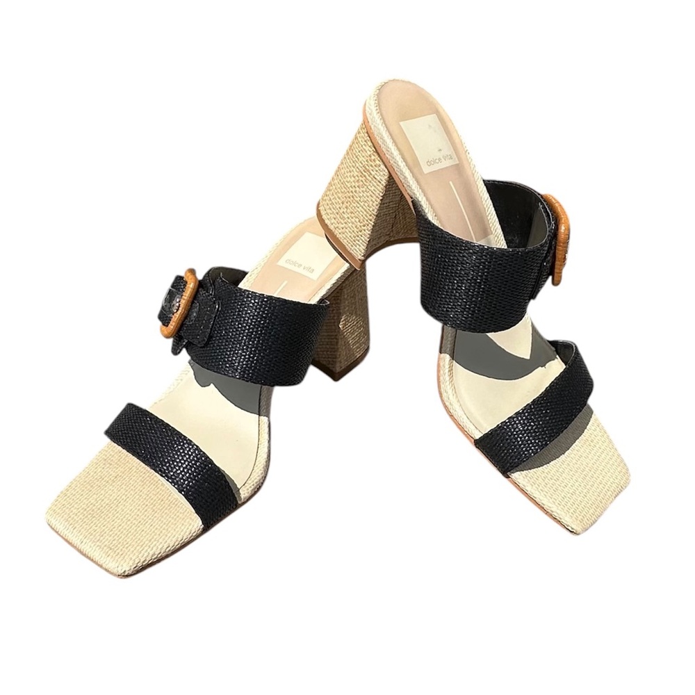 Women’s Two Band Dress Sandal Shoe Dolce Vida Posy Raffia Chunky Heal Buckle 8